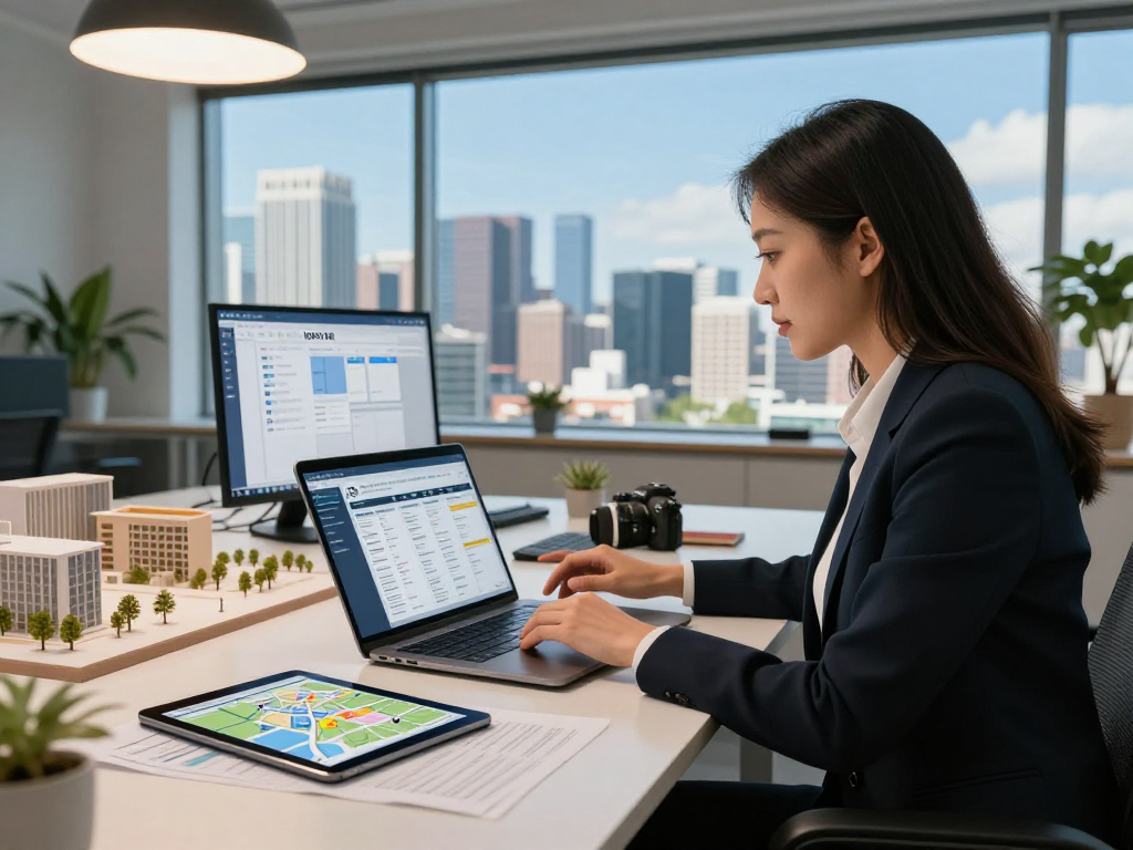 Real estate professional using IDXSTAR software in a modern office setting, analyzing market trends and property data.