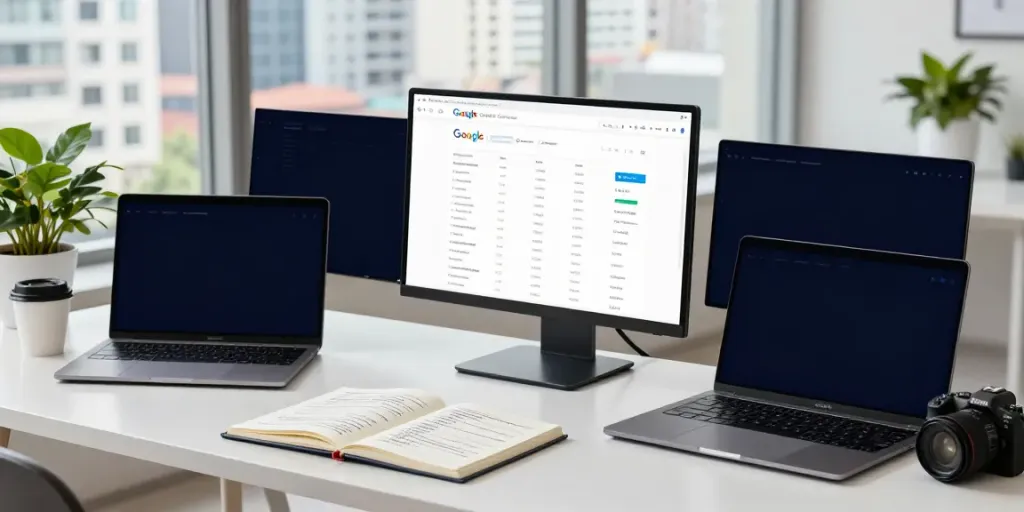 SEO expert utilizing instant indexing strategies on multiple screens in a modern workspace