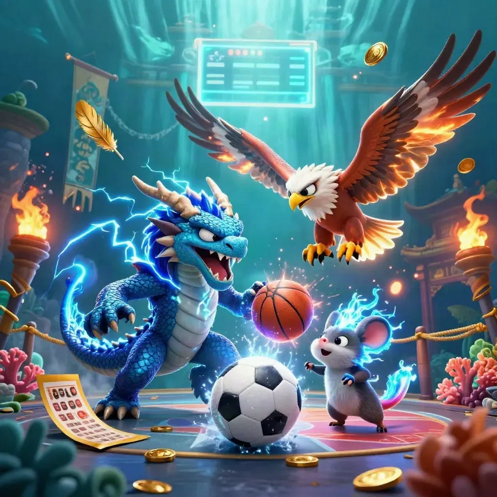 Thunder dragon, wind hawk and static mouse burst through a neon tropical casino sports scene.
