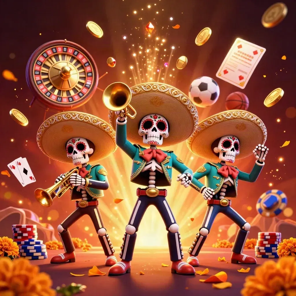 Skeleton mariachi trio with casino props, coins, roulette, and tropical neon glow.