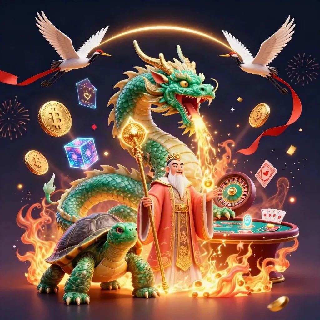 Jade dragon, turtle sage, and cranes amid casino symbols, fire, and neon glow.