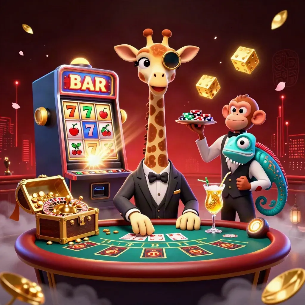 Giraffe high roller, monkey valet and chameleon bartender amid exploding slot gold and casino lights.