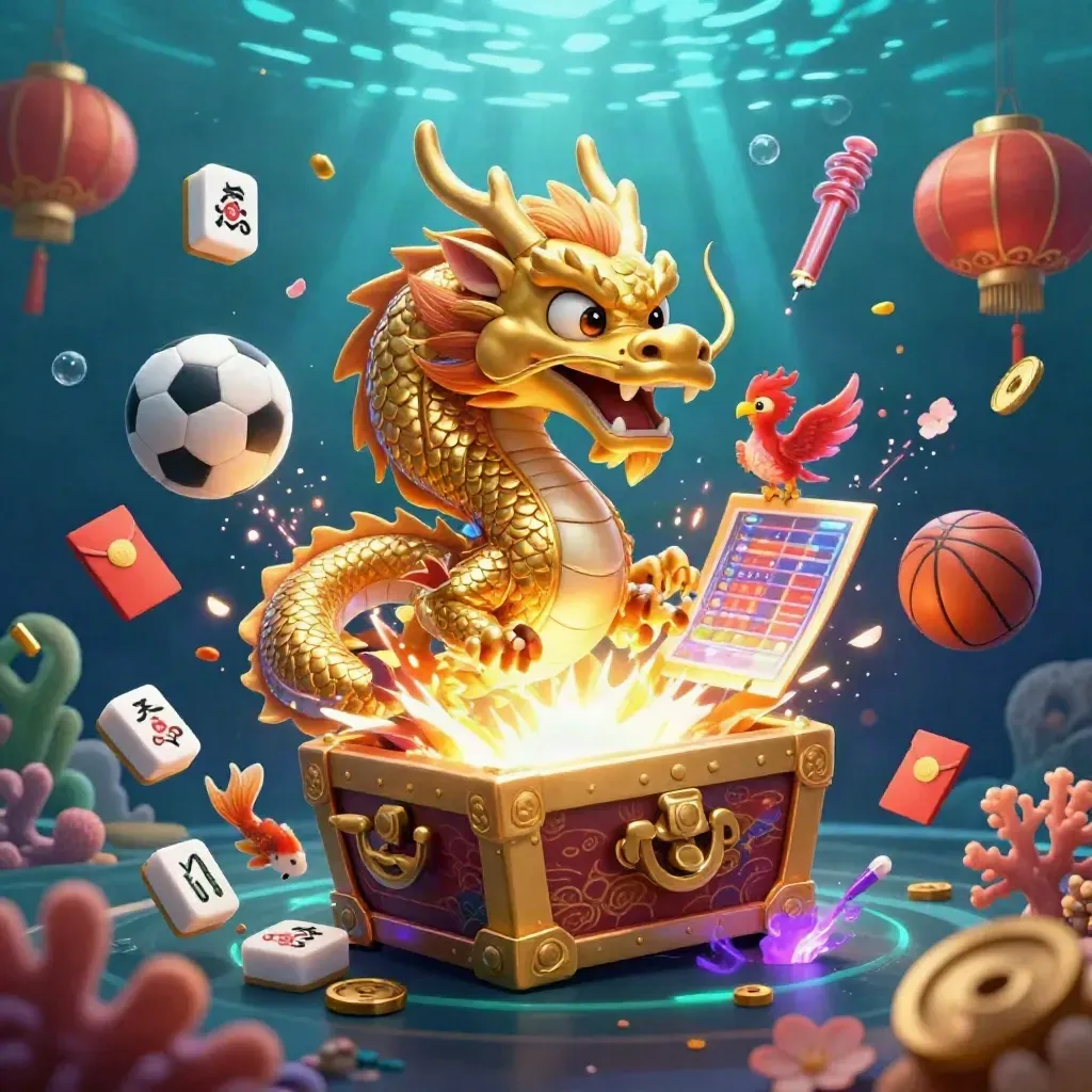 Golden dragon, phoenix and koi amid casino luck icons in a glowing underwater teal scene.