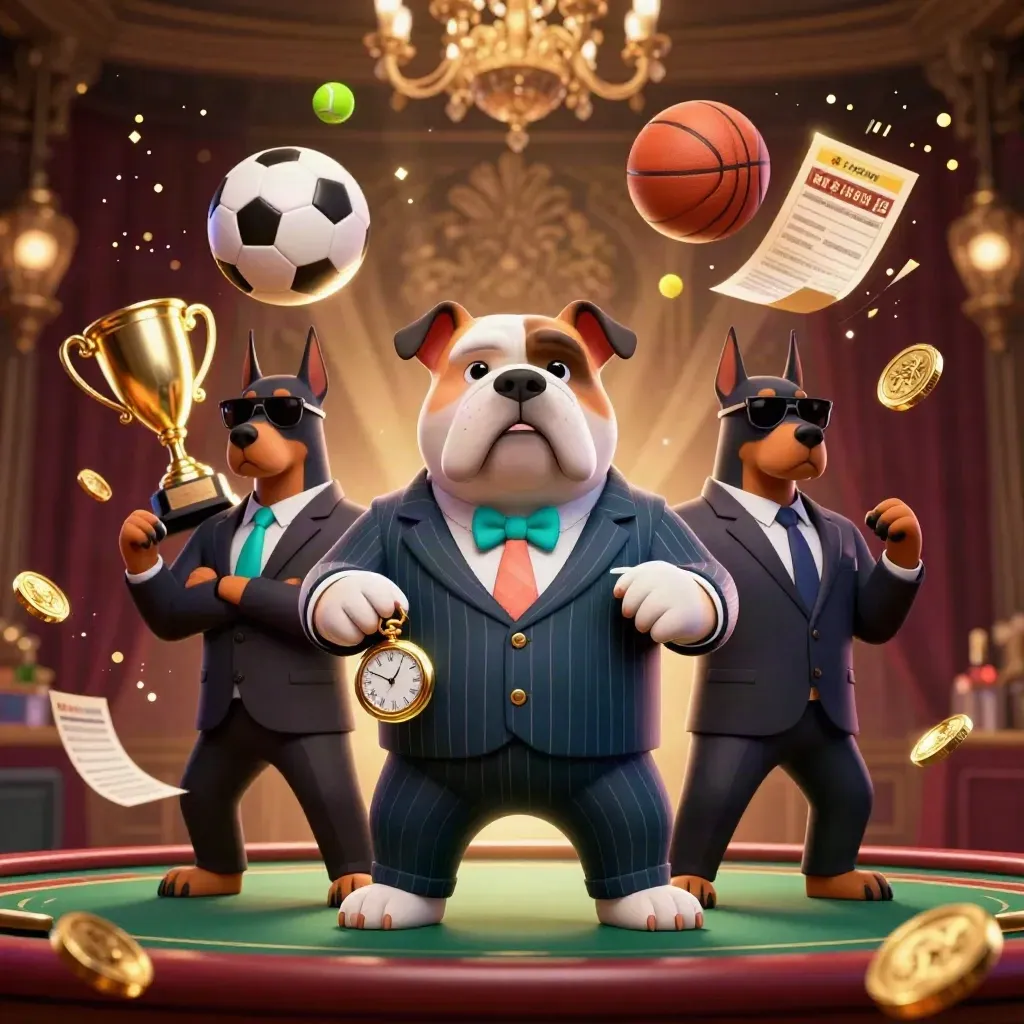 Bulldog crime boss and Dobermans amid flying sports balls, coins and golden casino lights.