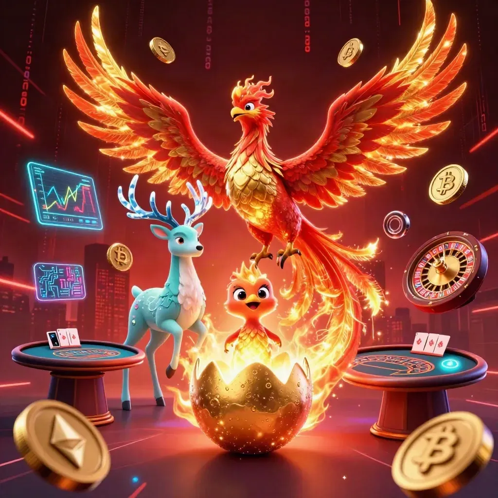 Fire phoenix, baby phoenix, crystal stag, casino lights, coins, cards, and neon effects in a premium fantasy scene.