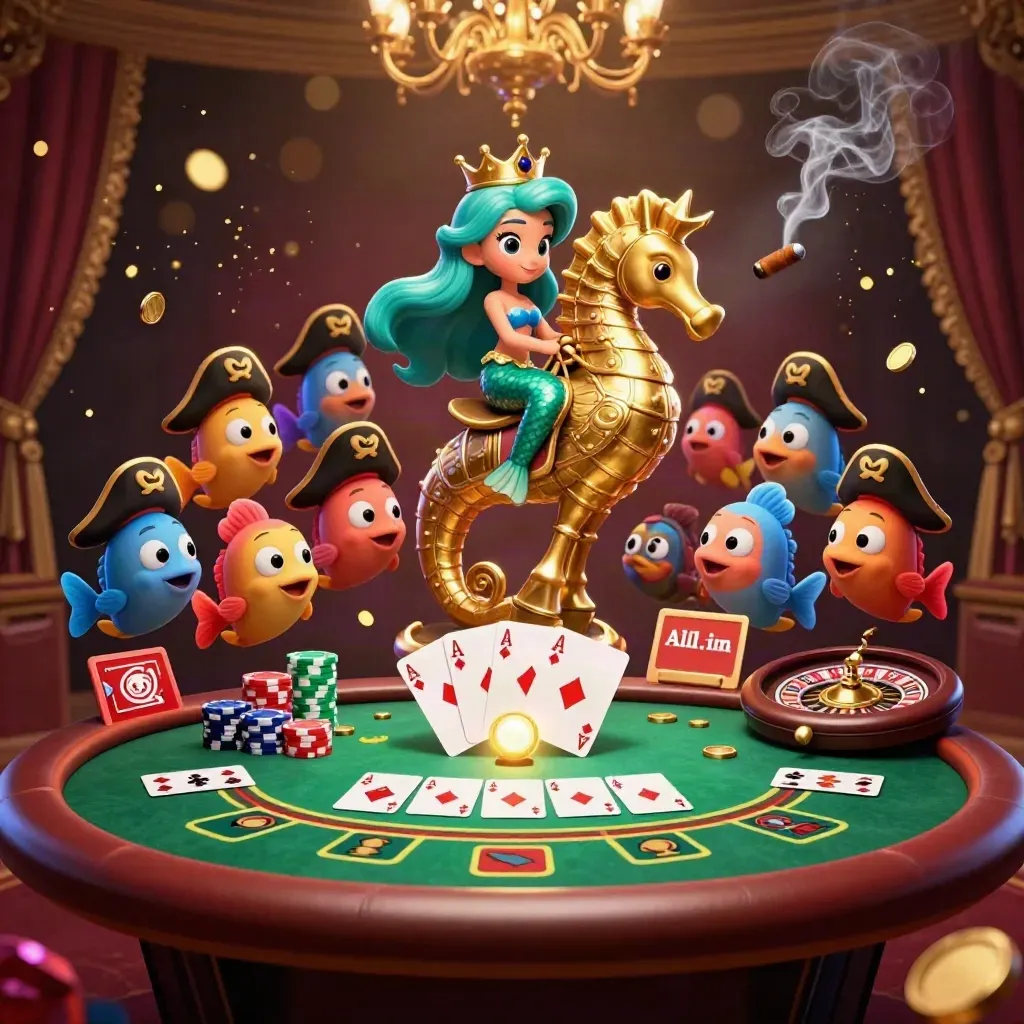 Mermaid princess rides a gold seahorse amid casino cards, chips and glowing tropical luxury