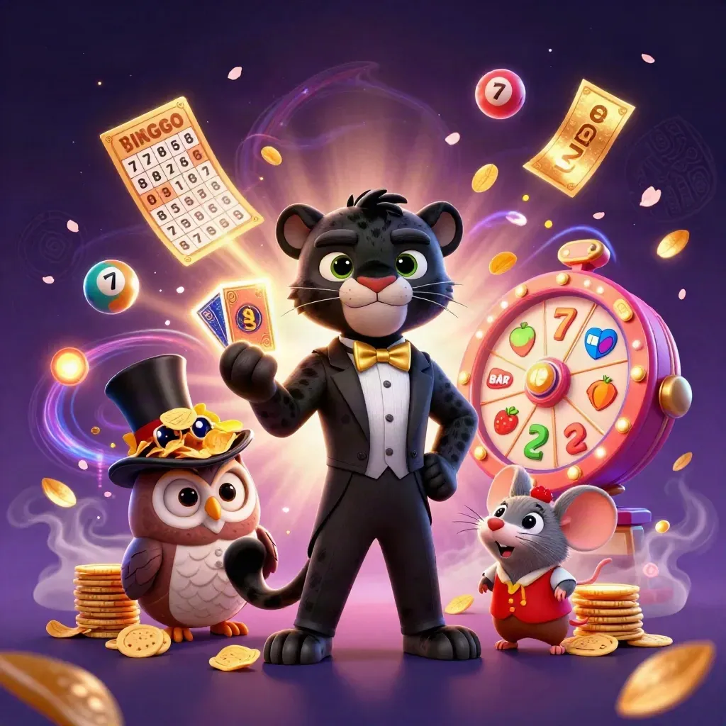 Panther, owl, and mouse amid casino bursts, petals, reels, and glowing tropical treasure.