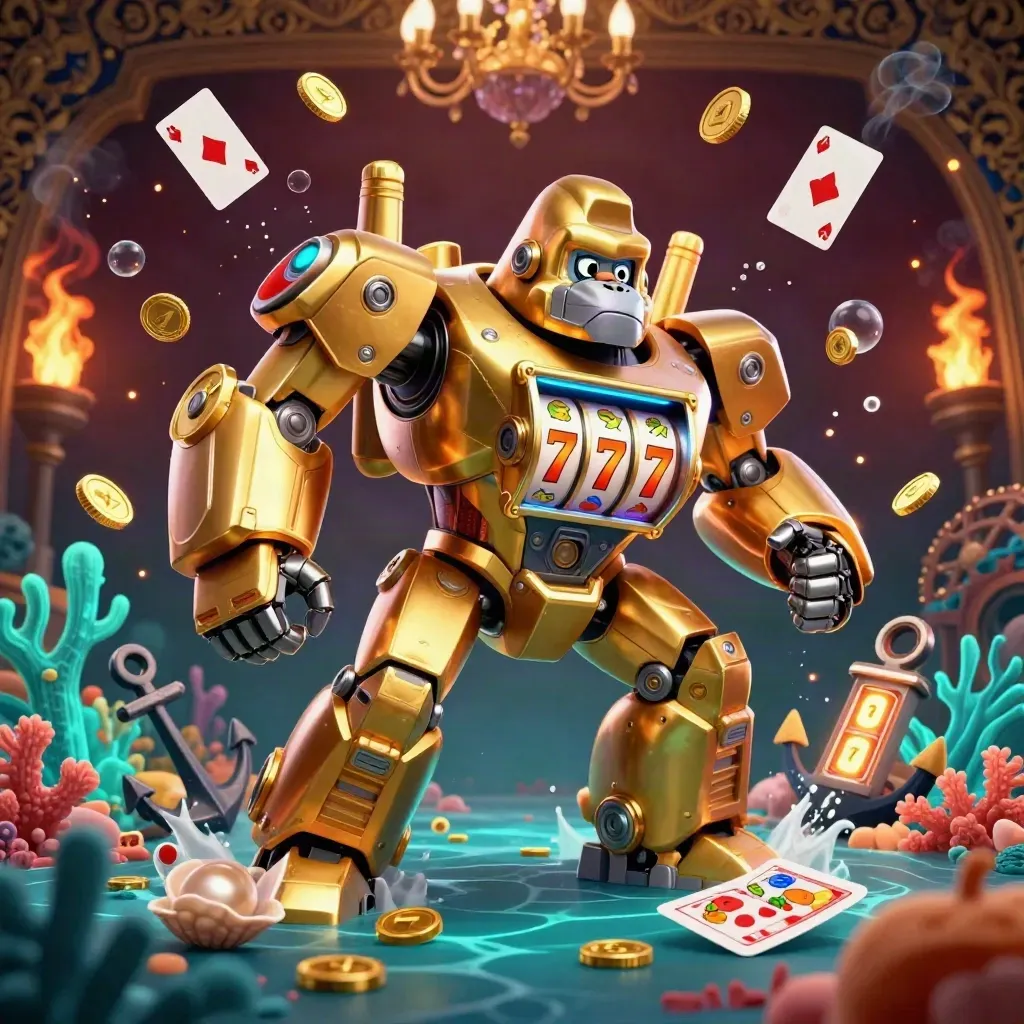 Golden gorilla mech with monkey pilot amid treasure, coral, and neon casino glow