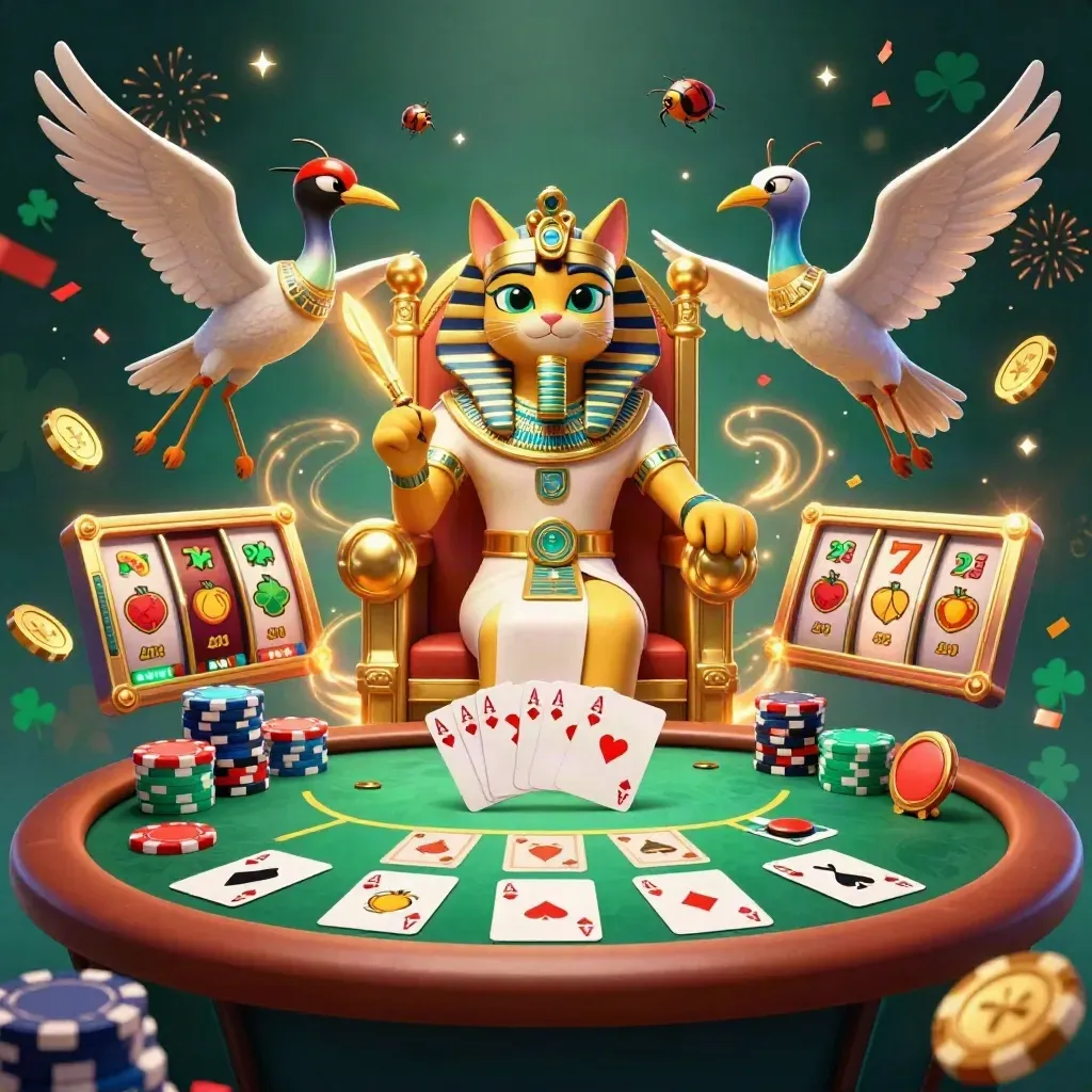 Pharaoh cat, ibis scribe, and gem-wing scarabs amid poker chips, aces, and neon casino magic