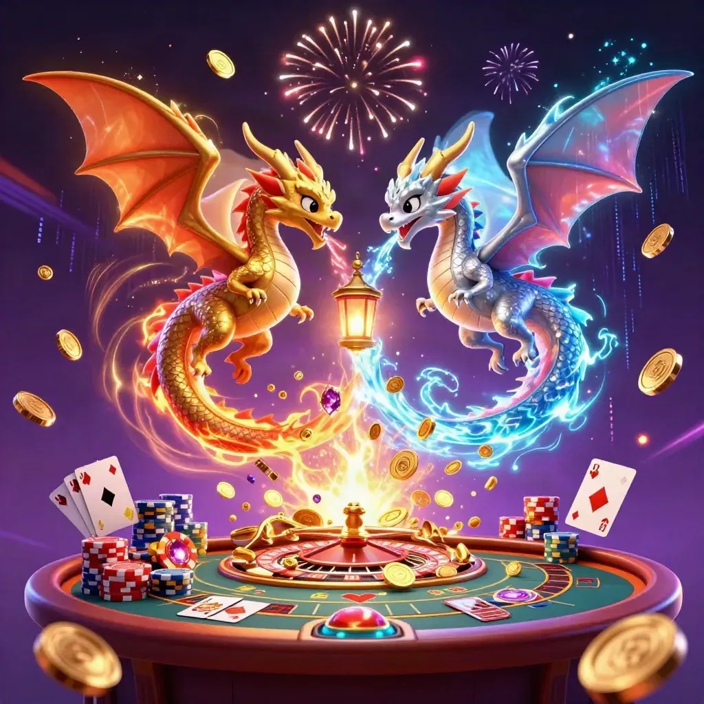 Gold and silver dragons spiral above coins, gems, cards, chips, and glowing casino energy.