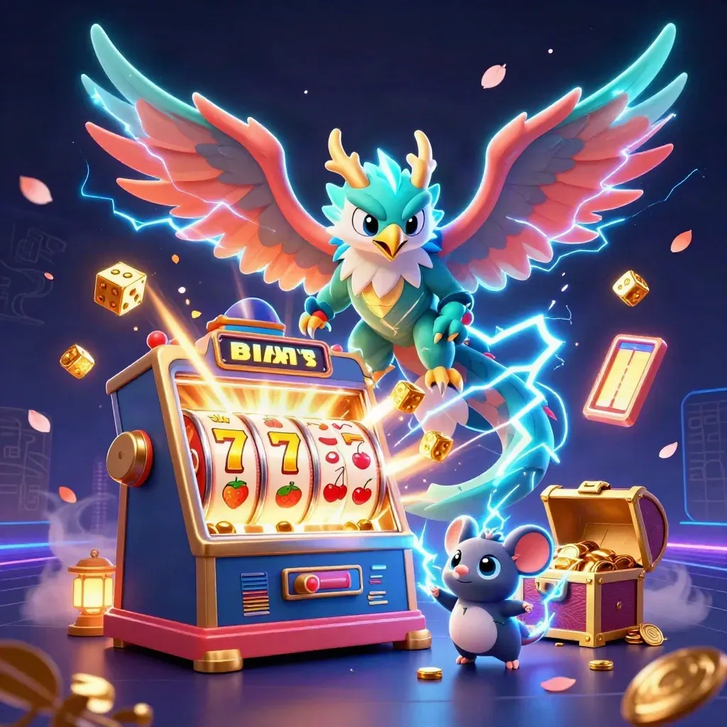 Thunder dragon, wind hawk and static mouse amid slot bursts, gold, dice and neon glow.