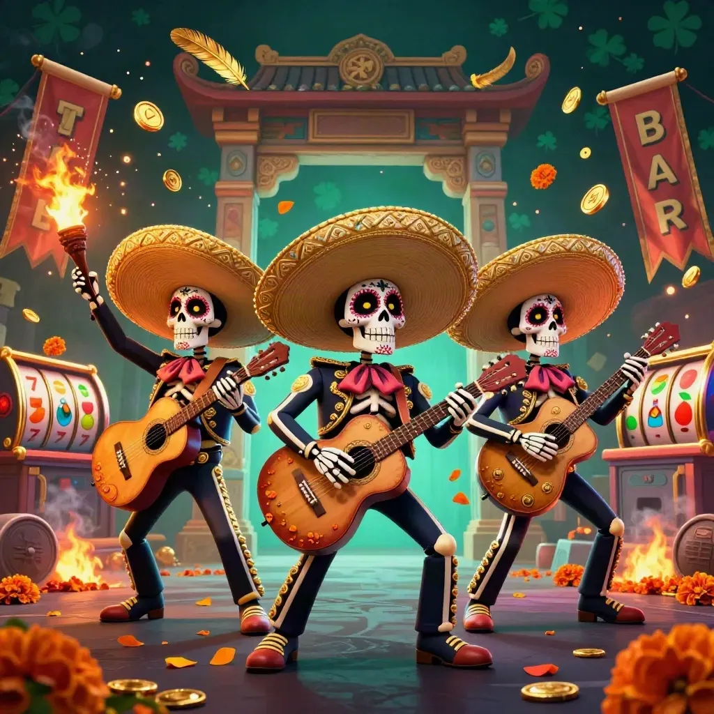 Three festive skeleton mariachi heroes amid casino symbols, gold coins, ember glow, and tropical dark lighting