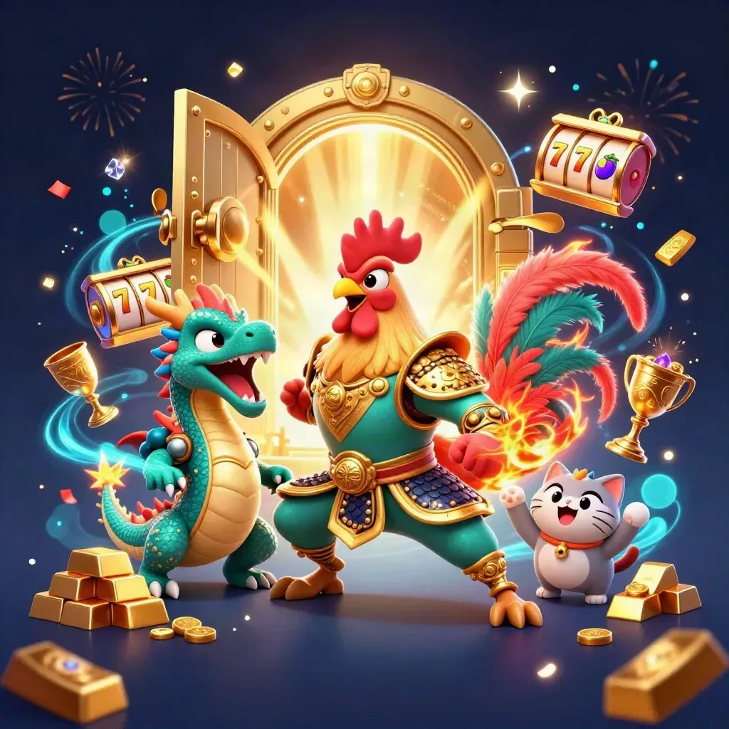 Rooster warrior, dragon hatchling and lucky cat amid gold, sparks and casino treasure.