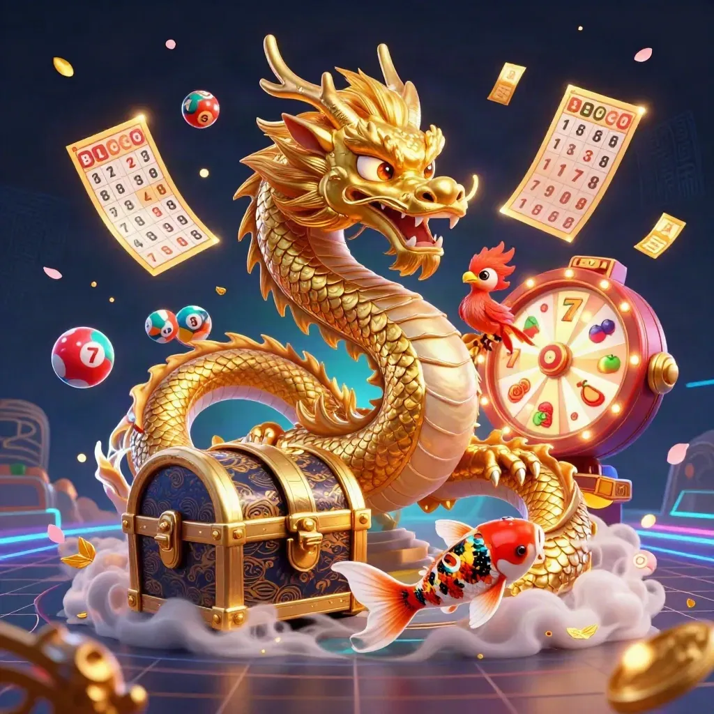 Golden dragon with phoenix and koi amid casino reels, balls, and neon tropical glow